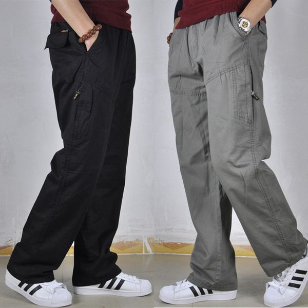 

plus size men cargo pants m-6xl 5xl elastic waist trousers male long trousers cotton straight multiple pockets pants, Black