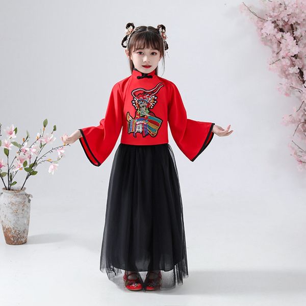 

chinese style 2ps of original girls hanfu tang suit cheongsam dress autumn winter girls improved qipao long sleeve suit, Red