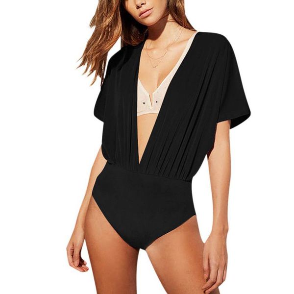 

women velvet short sleeve rompers deep v neck bodysuits, Black;white