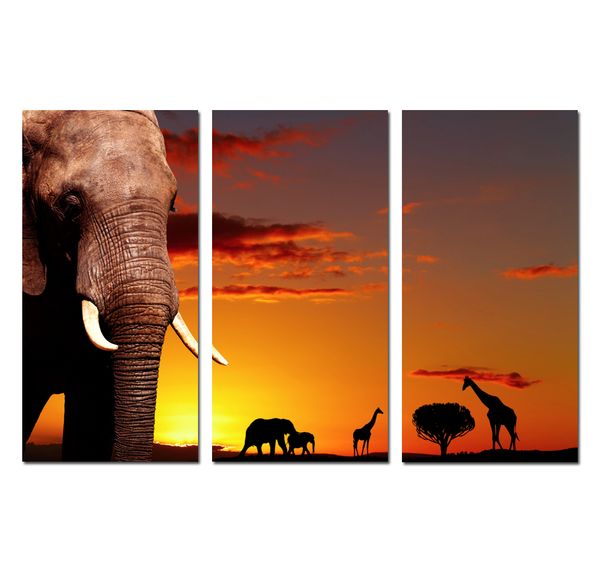 

3 panels art wall animal african elephants scenery oil painting print on canvas gift poster picture office living room home decor hyp-a1122