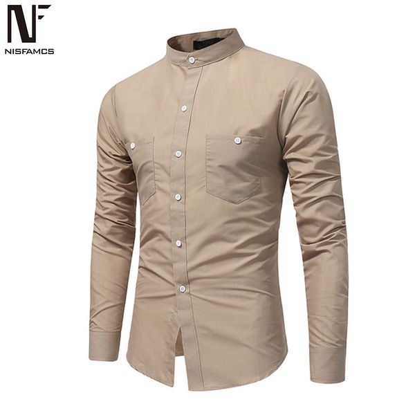 

stand collar male shirts solid color fashion double pockets man casual slim fit business man office wear blouse long sleeve, White;black