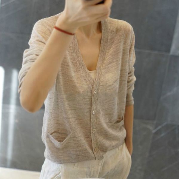 

bareskiy2019 female v-neck jacket thin section knit cardigan short cashmere sweater long-sleeved loose solid color sweater, White