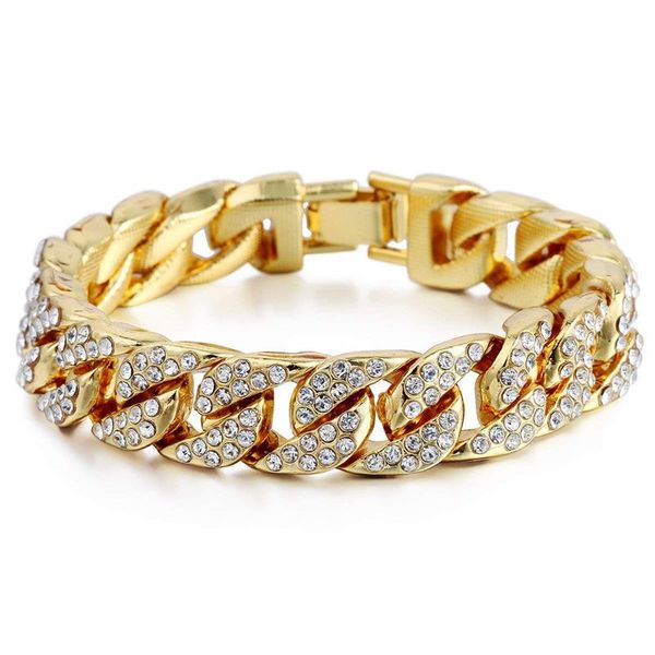 

14mm mens women hip hop curb cuban bracelet chain gold pave, Golden;silver