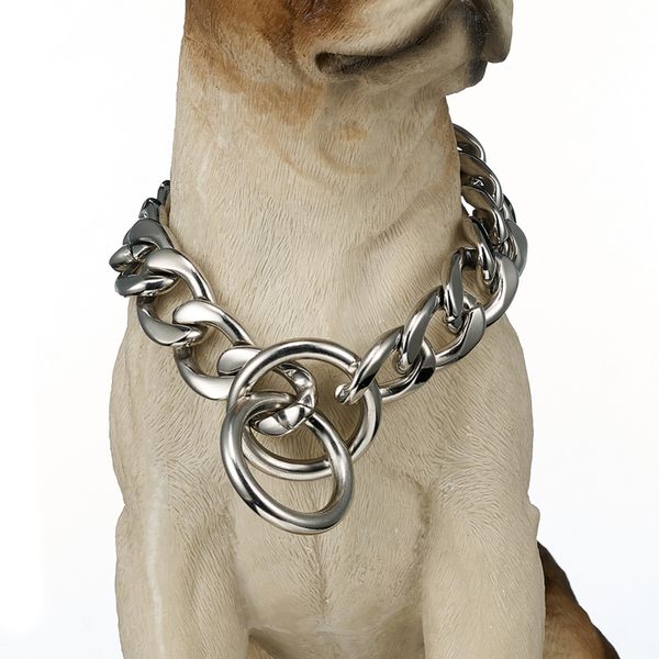 

large gold dog collar,19mm stainless steel strong firm dog training choke cuban link miami chain pet training necklace, Silver