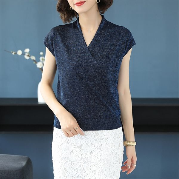 

2019 women's silk pullover knitwear ice linen bright silk short slim v-neck pullover women's fashion, White