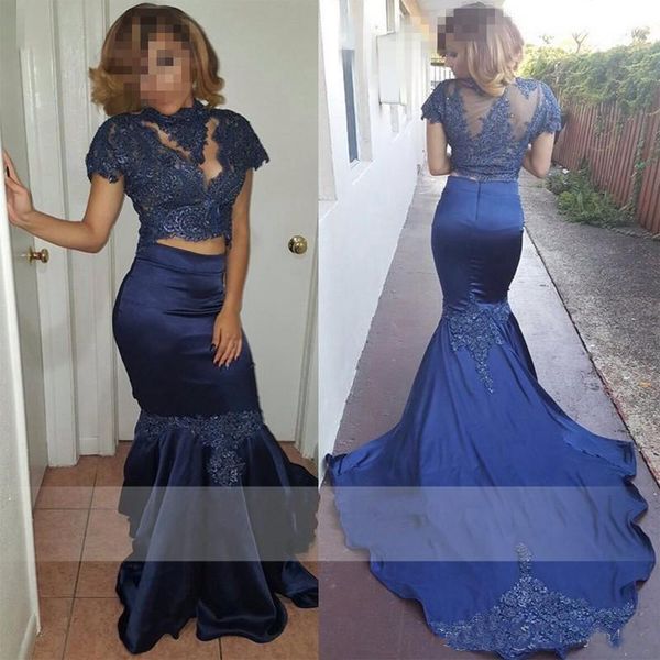 

2018 Navy Blue Mermaid Two Pieces Prom Dresses Keyhole Lace Applique Beaded Short Sleeves Sweep Train Formal Evening Dress Cheap Party Gowns