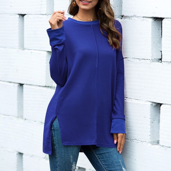 

fashion split t-shirt casual basic autumn winter ladies o-neck loose female women long sleeve shirt blusas pullover, White