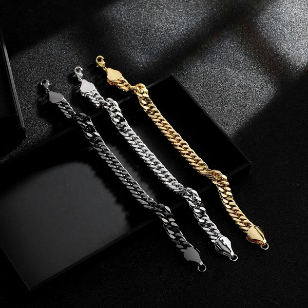 

gothic metal men hip hop bracelet gifts mens chain cuban link accessories retro black rock charm simple chain on hand punk gold, Golden;silver