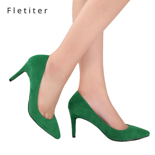

fletiter shoes women 8 cm high heels pumps flock pointed toe women pumps ladies shoes thin high heel large size 43 44, Black