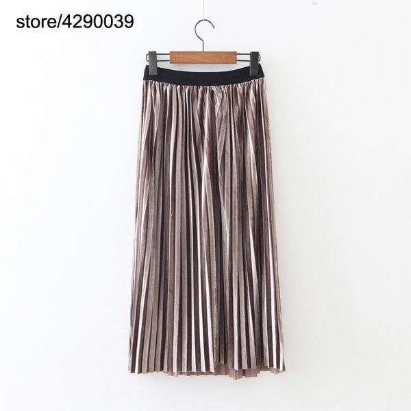 

high waist velvet pleated skirt for women european style long maxi skirt winter jupe femme, Black