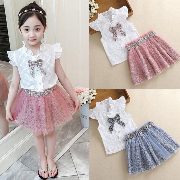 

2020 girls clothes sleeveless bow shirt leopard print gauze skirt outfits set baby girl clothes roupa infantil menina, White