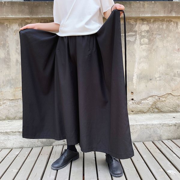 

men streetwear hip hop loose casual wide leg skirts pants male ribbons design punk gothic japan style kimono harem trousers, Black