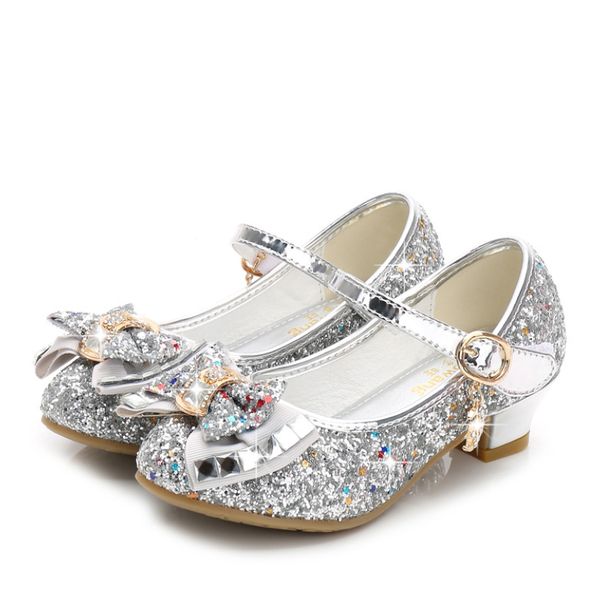 

princess kids leather shoes for girls flower casual glitter children high heel girls shoes butterfly knot blue pink silver, Black;grey