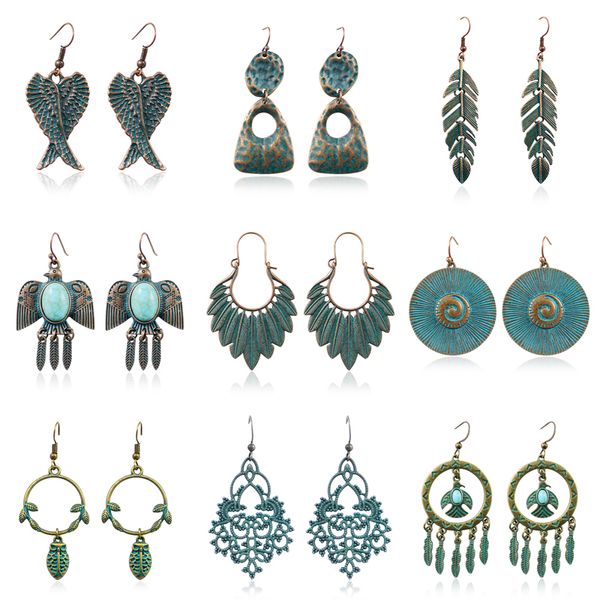 

irregular bronze leaves bird owl round spiral pendant earrings retro totem natural stone arrow tassel earrings bohemian jewelry, Silver