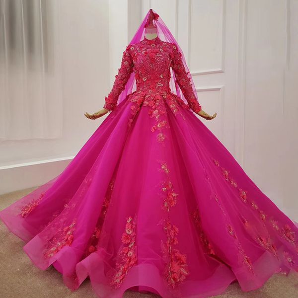 

2020 purple evening dress muslim full tulle sleeve high neck appliques bridal dress with evening long veil rose red vestido de novia vintage, Black;red