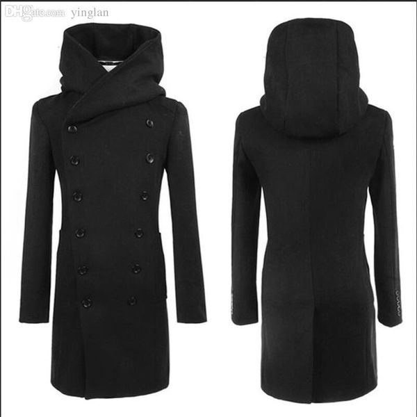 

fall-2015 fashion mens pea coat with hood double breasted long wool trench coat men overcoat,grey black navy blue,plus size 3xl, Tan;black
