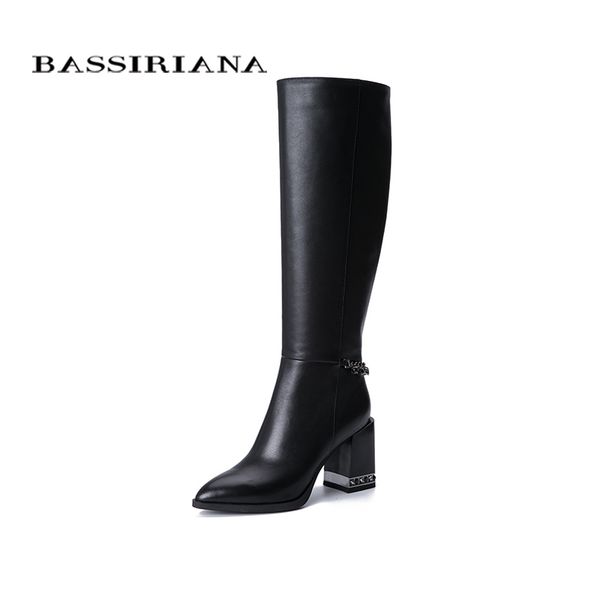 

bassiriana/new 2019 genuine leather thigh high boots classic heels shoes woman round toe zip spring 35-40, Black