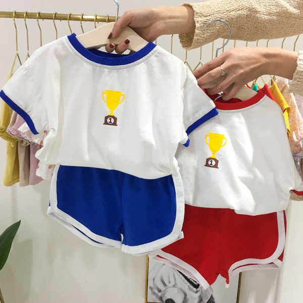 

2019 korean summer new set girl boy baby cute printed shorts short sleeve set round collar fashion toddler boys clothing, White