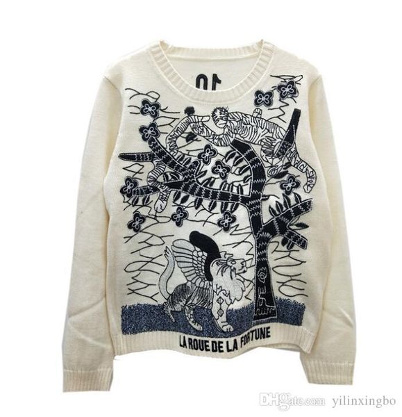 

2020 new embroidery 10 letters totem wheel fortune round neck long sleeve sweater style korean fashion sweater, White;black