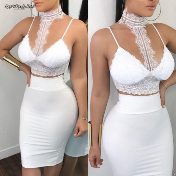 

ladies women 2 piece lace bodycon two piece outfits sleeveless shirt crop skinny skirt set party bandage clothing, White