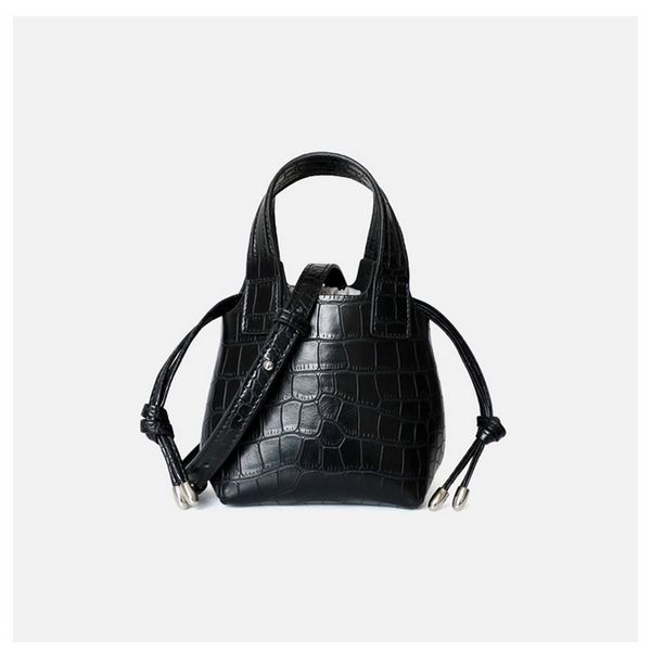 

2020 new bucket bag cow leather drawstring handbag small mini crocodile pattern shoulder slung bag lady