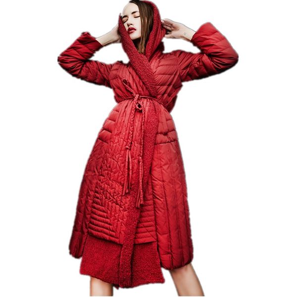 

2019 long wine red and black winter ladies jacket long section jacket new high-end elegant boutique female down