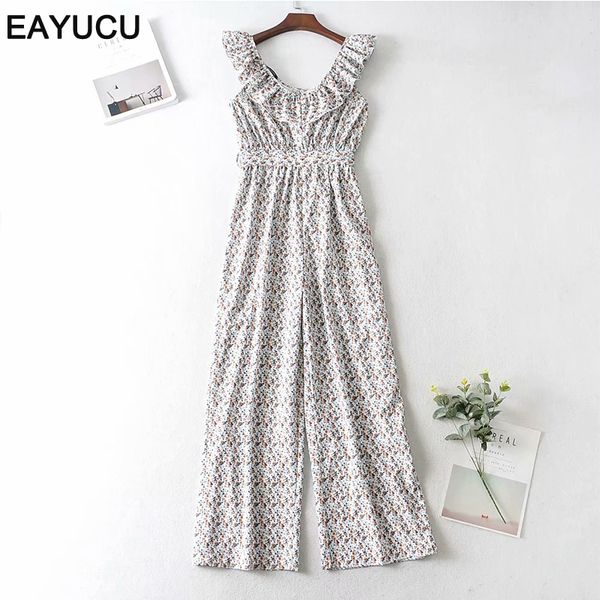 

eayucu ruffles floral print jumpsuits women 2020 summer v neck high waist boho romper elegant jumpsuit loose overalls ej014, Black;white