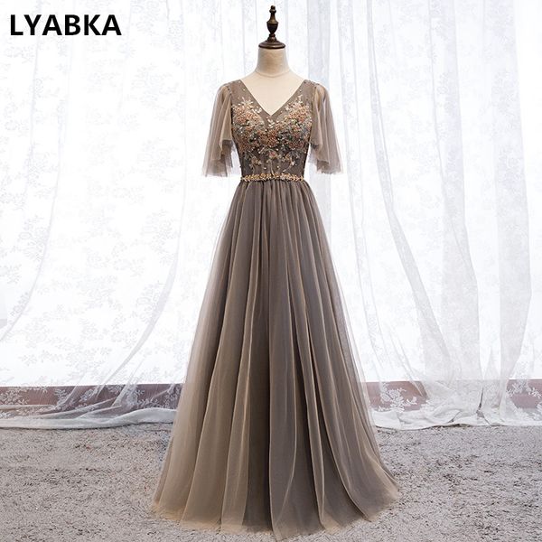 

v-neck half sleeve evening dress elegant robe de soiree tulle with lace beading evening dresses long dress 2020 vestido de festa, White;black