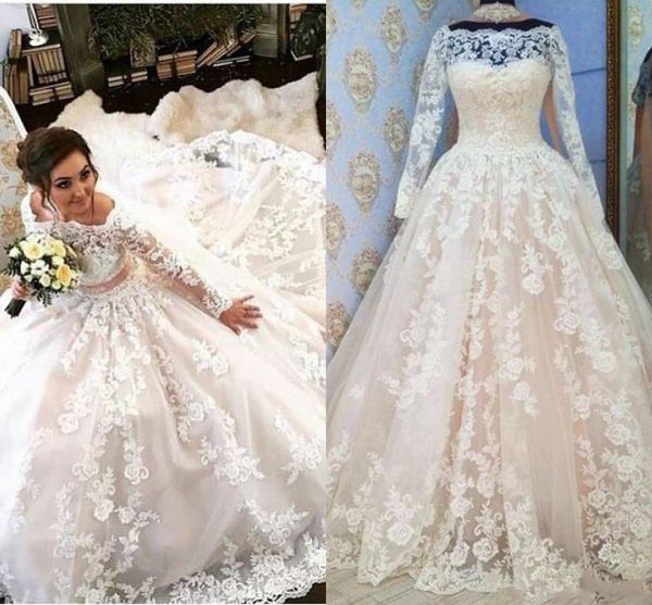 

2019 Top Fashion Bateau Neck Ball Gown Wedding Dresses Long Sleeves Floor Length Lace Bridal Dresses Fashion Wedding Gowns