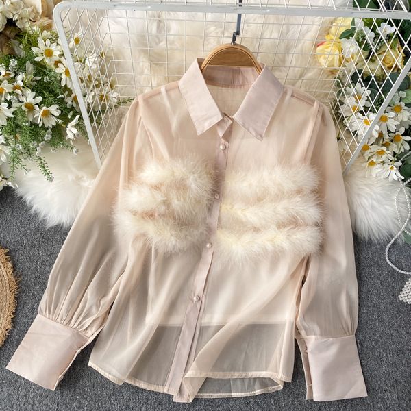 

women's 3d wool splicing long sleeve fashion lady harajuku vintage solid color elegant blouse shirts k342, White