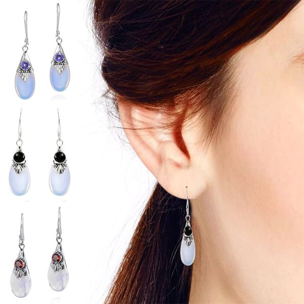 

white moonstone ear cuff european and american teardrop pear-shaped earrings, Silver