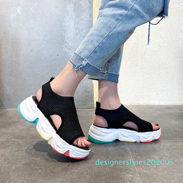 

summer knit mesh breathable sport sandals women rainbow sole casual platform wedge sandals women outdoor beach shoes 2020 dd5, Black