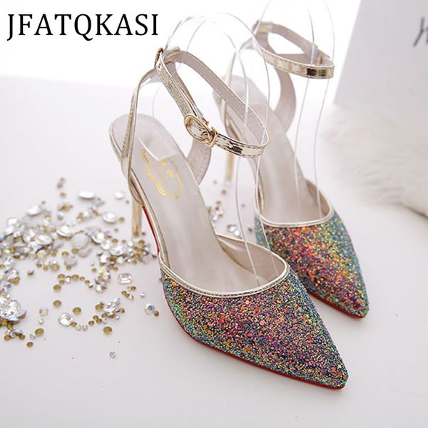 

women high heels summer pointed sequins party female pumps fashion brand belt buckle ladies bridesmaid shoes 2020 new style, Black