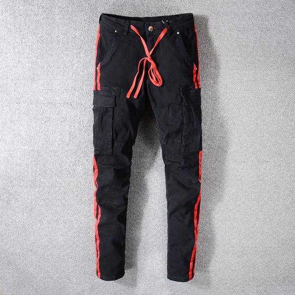 

american streetwear men jeans black big pocket denim cargo pants drawstring red stripe printed jeans slim fit hip hop men, Blue