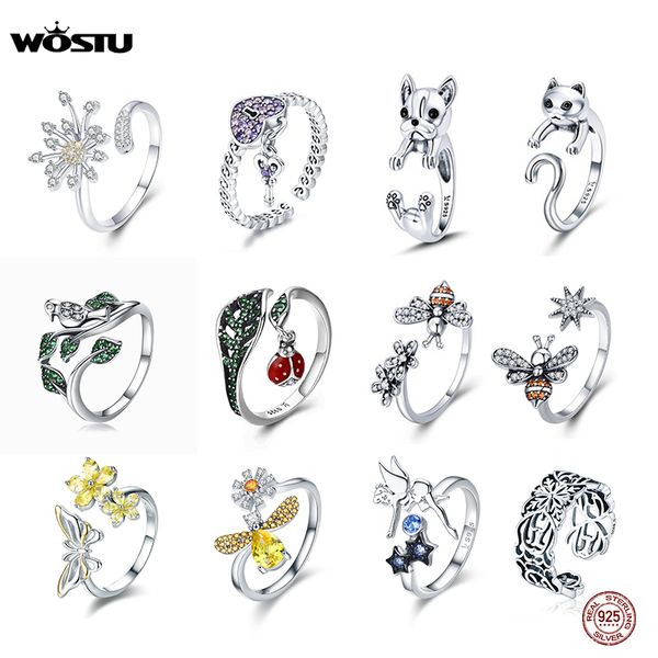 

wostu real 925 sterling silver wedding ring adjustable size flower bee rings finger for women engagement fashion jewelry gift, Golden;silver