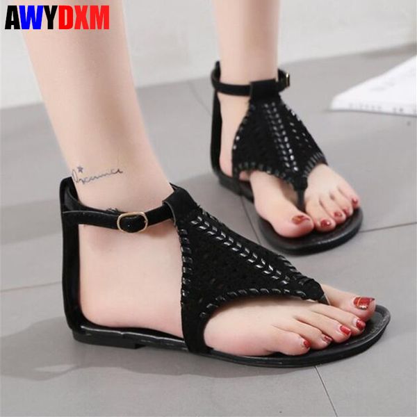 

summer women sandlas 2020 new women shoes clip toe flat shoes casual ladies weave hollow beach sandals outside female a339, Black