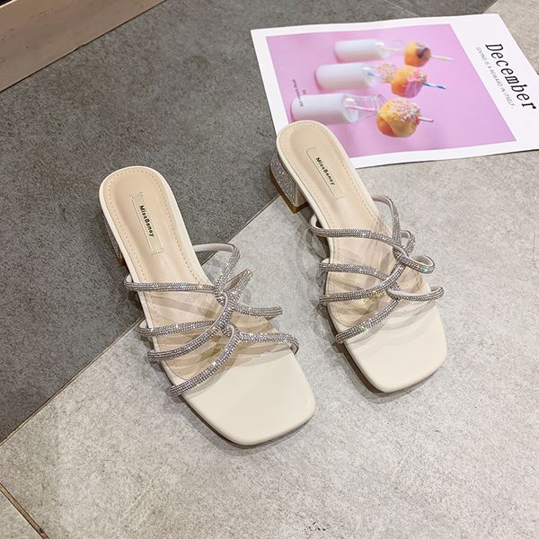 

shoes woman 2020 glitter slides square heel woman's slippers med fashion jelly block new pu crystal hoof heels bling, Black