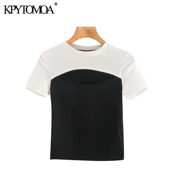 

kpytomoa women 2020 fashion hollow out patchwork cropped blouses vintage o neck short sleeve female shirts blusas chic, White