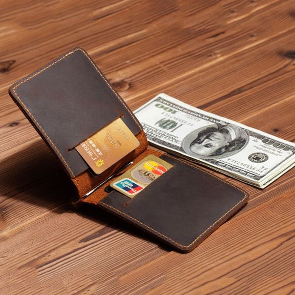 

portable ultra-thin simple money clip leather bifold mini wallet, Black