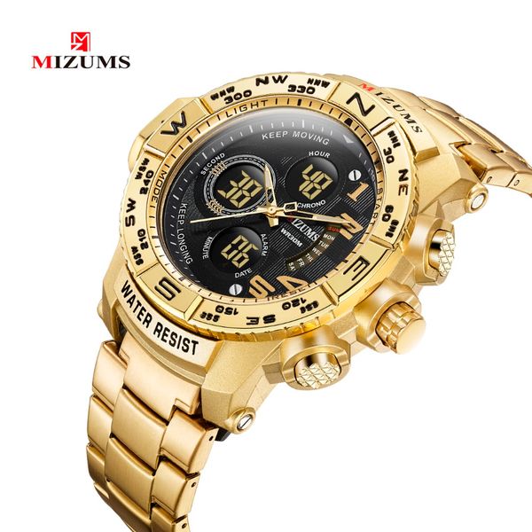 

mizums8002 men's quartz dual movement multi-functional sports leisure 30 meters waterproof stainless steel belt electronic wrist, Slivery;brown