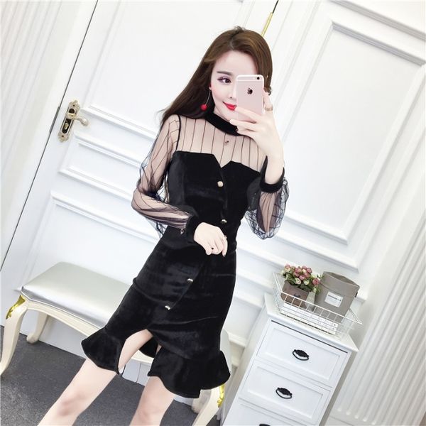 

2020 new mesh perspective panel velvet dress nightclub light mature wind womens slim fishtail skirt, White;black