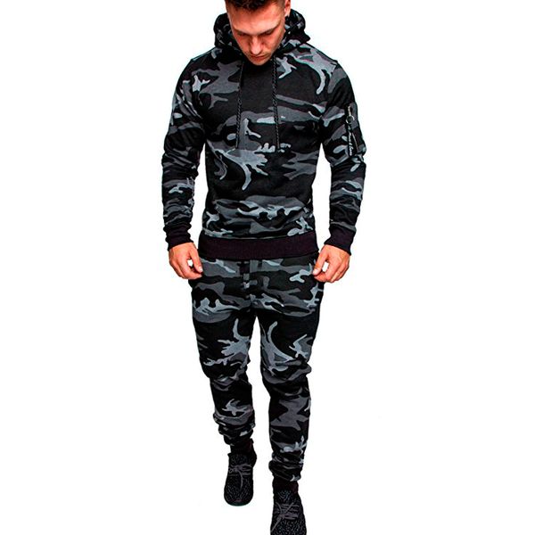 

autumn winter sport suit men camouflage sportswear hooded sweatshirt +pant running sets male chandal hombre survetement homme, Black;blue