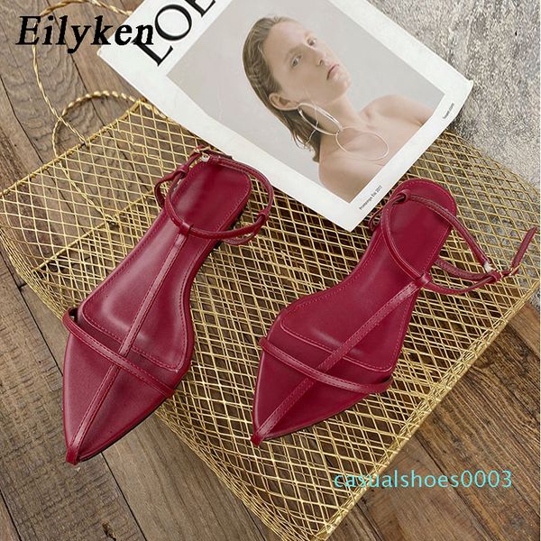 

eilyken 2020 fashion women sandals ankle strap buckle flat heels pointed toe gladiator summer beach elegant ladies dress shoes c03, Black
