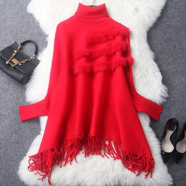 

autumn winter tassel pullover turtleneck sweater women bat sleeve cloak shawl womens sweaters women knitted sweater, Black