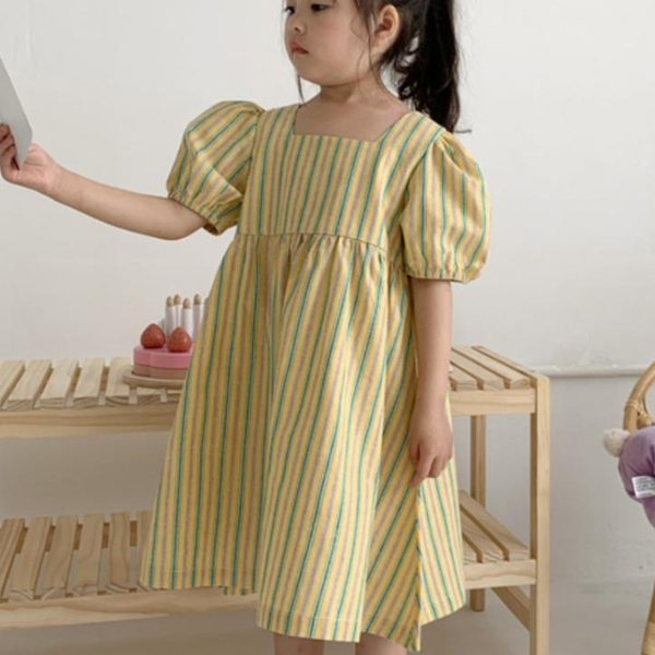 

2020 summer girls new products dress south korea girls stripes cotton linen retro puff sleeve dress baby a-line, Red;yellow