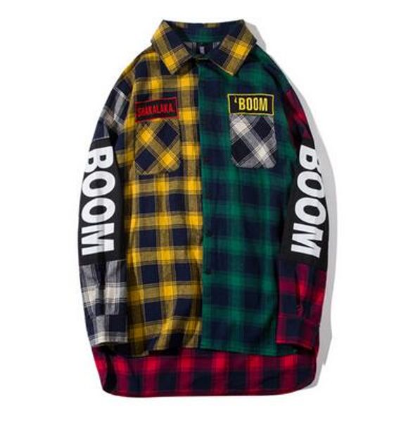 

color block patchwork plaid long sleeve shirts men hip hop casual pocket button up shirts fashion streetwear, White;black