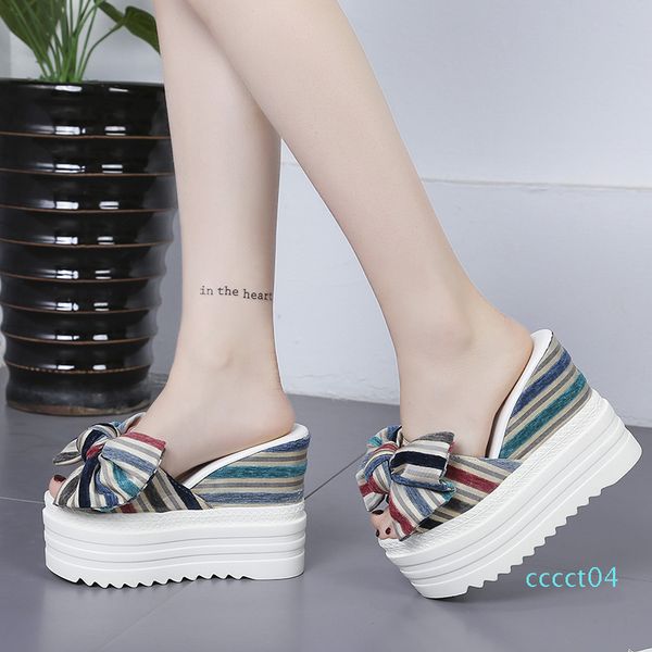 

2019 summer wedge sandals thick bottom non-slip fish mouth slippers bow word drag 12cm high heel sandals banquet women's shoes ct04, Black