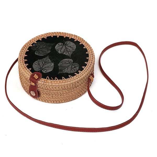 

new-handmade woven round rattan bag natural green chic leathe strap handmade