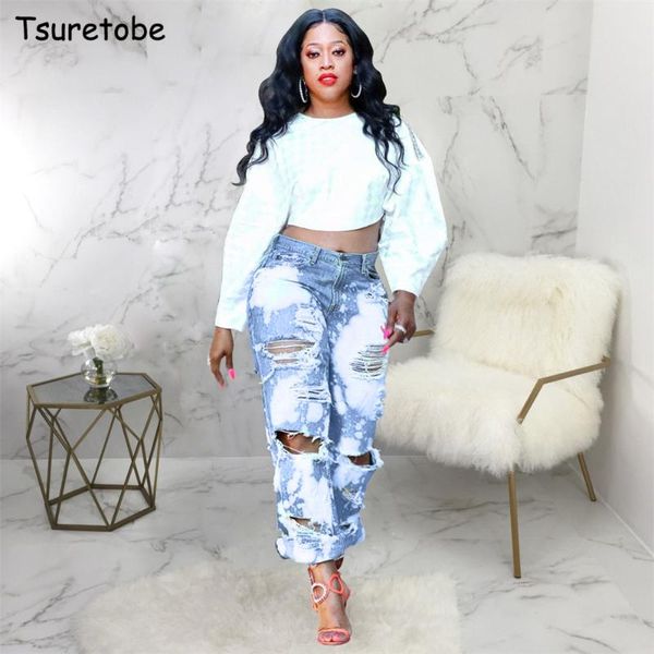 

tsuretobe plus size fashion hole ripped jeans women retro high waist denim pants casual straight pants pockets trousers female, Blue