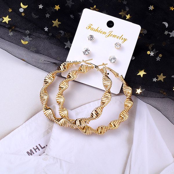

3pairs/set gold color hoop earrings for women exaggerates oversize spiral circle earrings fashion jewelry gift, Golden;silver